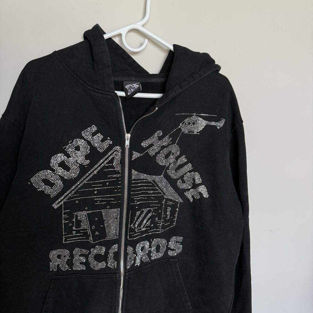 DHR Dope House Records Womens Rhinestone Hoodie XL Black Zip Up Y2K Premium - Picture 3 of 8